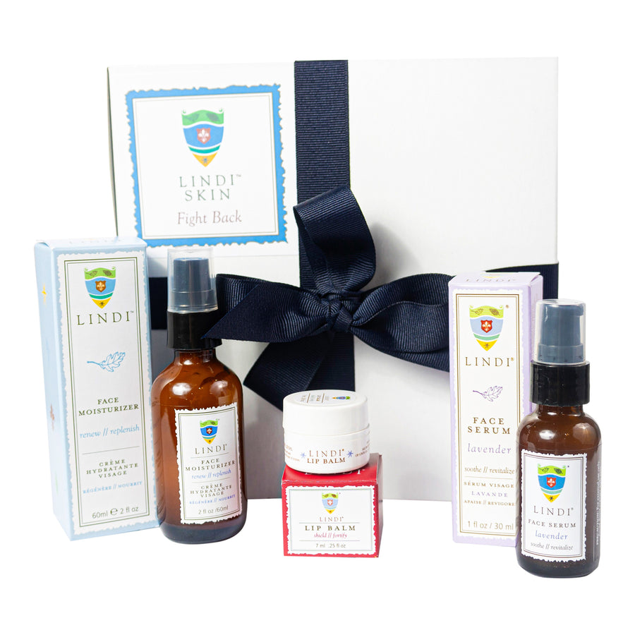 Lindi Skin gift box with a blue ribbon